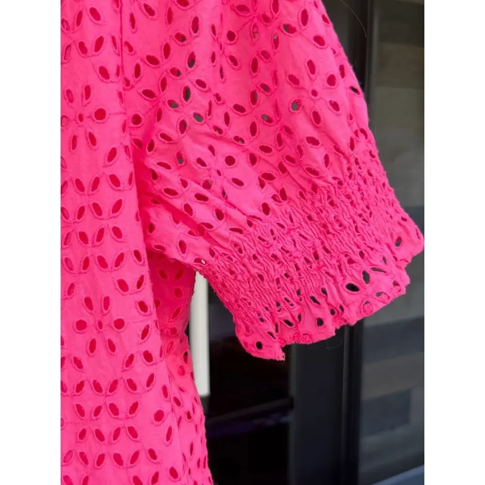 J. Crew NWT Smocked Ruffle Puff Sleeve Top Women's Pink Eyelet Lace Size Small